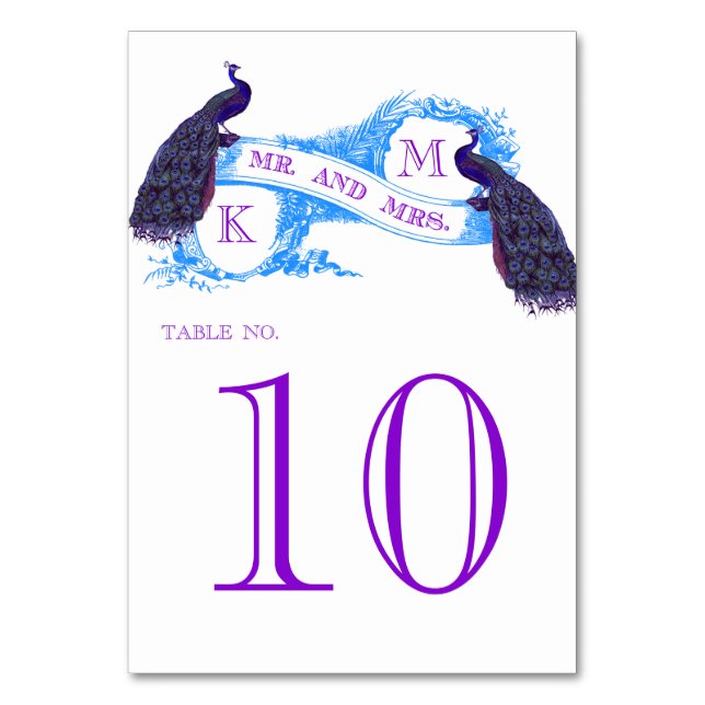 Bordsnumret Blue Vintage Peacock Bröllop Bordsnummer (Framsidan)