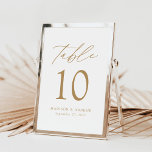 Bordsnumret Bröllop i Modern Elegant Guld<br><div class="desc">Trendig, minimalistiskt kort för bröllop-bordsnummer med guld, modernt brev med "Bord" i det moderna kalligrafiskriptet. Utformningen har en vit bakgrund eller en valfri färg. Utformningen upprepas på baksidan. Så här beställer du korten för bord: lägg till ditt namn, datum för bröllop och bordsnummer. Lägg till varje nummer i din kundvagn...</div>