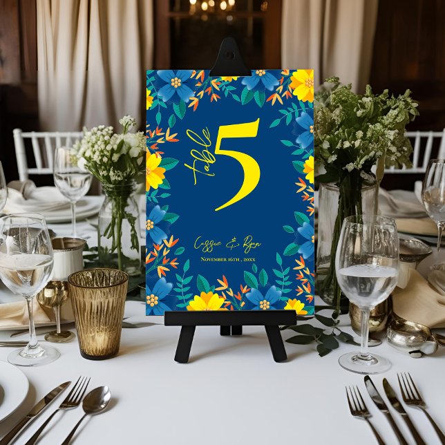Bordsnumret Bröllopsfest för  av blått Blommigt fö Tack Kort (Chic Yellow Blue Floral Wedding Party Table Number)