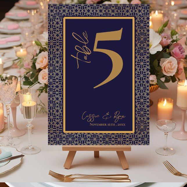 Bordsnumret Bröllopsfest för marin  och Guld Tack Kort (Navy and Gold Design Wedding Party Table Number)