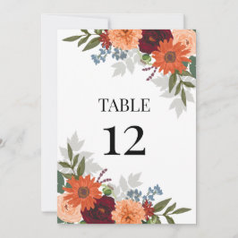 Bordsnumret Burgundy Fall Garden Blommigt Bröllop