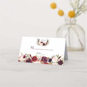 Bordsnumret Burgundy Marsala Blommigt Antlers Placeringskort