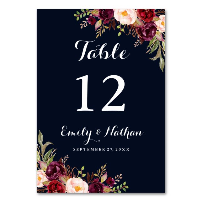 Bordsnumret Burgundy Navy Blommigt Fall Wedding Bordsnummer (Framsidan)