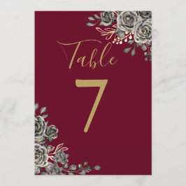 Bordsnumret Burgundy och Guld vid Blommigten Bröll Inbjudningar