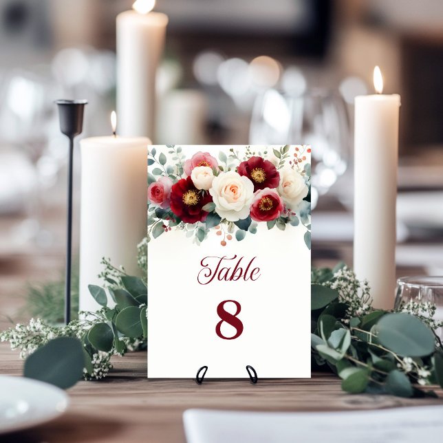 Bordsnumret Burgundy och Vita Blommigten Bröllop Bordsnummer (Skapare uppladdad)