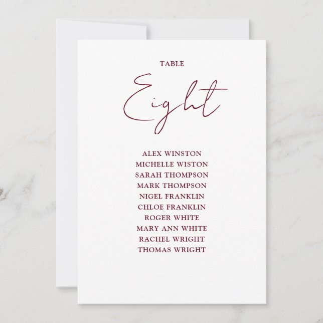 Bordsnumret Burgundy Red Modern Sittplatsschema Inbjudningar (Framsida)