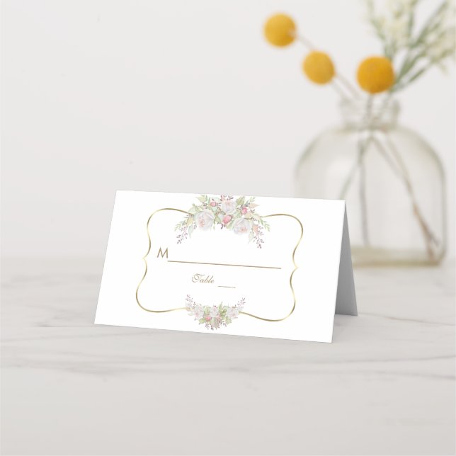 Bordsnumret Charm White Flowers Guld Bröllop Placeringskort (Framsida)