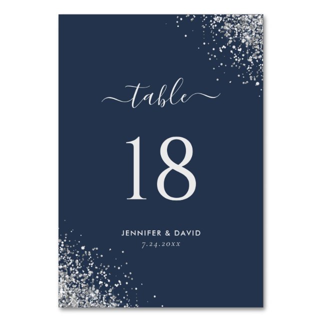 Bordsnumret Chic Navy Blue Silver Glitter Bröllop Bordsnummer (Framsidan)