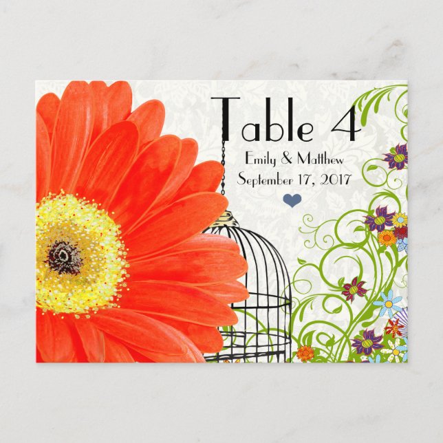 Bordsnumret Coral Gerber Daisy Bird Cage Blommigt  Vykort (Framsida)