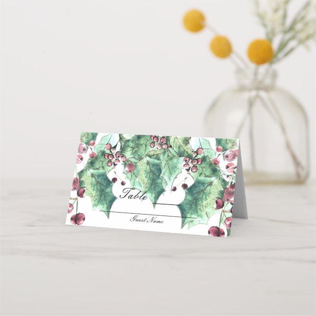 Bordsnumret December Winter Wedding Holly Berries Placeringskort (Baksida)