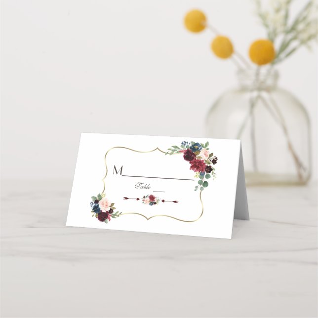 Bordsnumret elegant Guld Merlot Navy Blue Blommigt Placeringskort (Framsida)