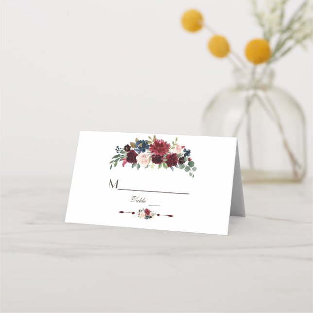 Bordsnumret elegant Merlot Navy Blue Blommigt Placeringskort (Framsida)