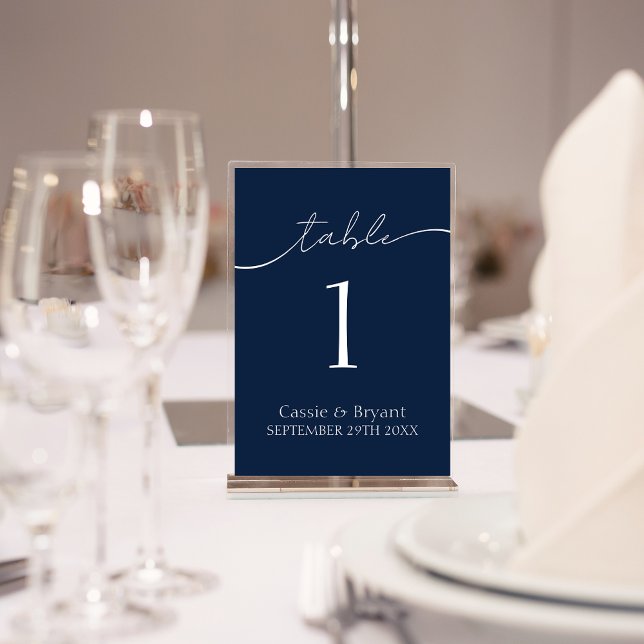 Bordsnumret elegant Navy Blue Bröllop Bordsnummer (Elegant Navy Blue Wedding Table Number Sign In Modern Acrylic Stand)