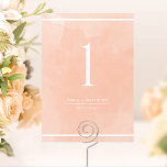Bordsnumret elegant Peach Watercolor<br><div class="desc">Hjälp dina gäster att hitta bord med det här bordsnumret för elegant med persikofärgade vattenfärger. Kort på dubblans sida. Exquisite peach, koral, kräm och dammig vattenfärg i orangen tvättar bakgrund och vit text. Obs! Var vänlig och beställ varje bordsnummer du behöver till ställe (dvs. för ett evenemang med tre bord...</div>