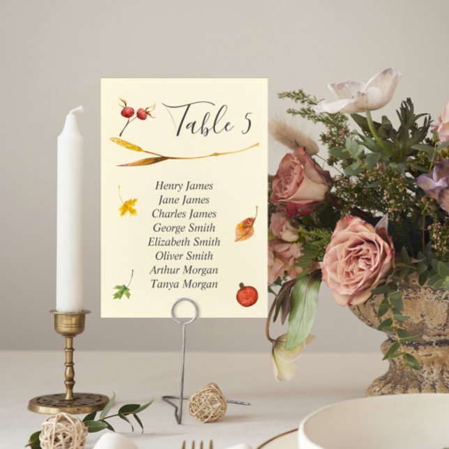 Bordsnumret Fall Autumn Forest Rustic Bröllop Inbjudningar (Autumn Wedding Table Number Cards with guest names)