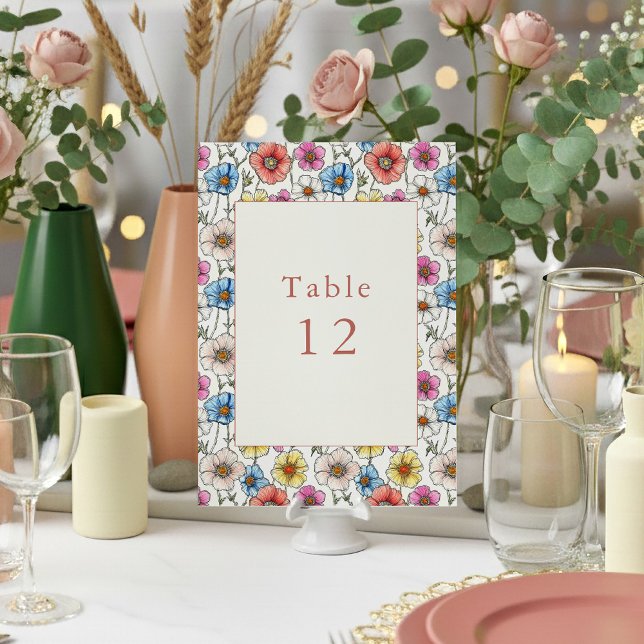 Bordsnumret Färgblommor i vild Inbjudningar (Bright wildflowers wedding table number place card.)
