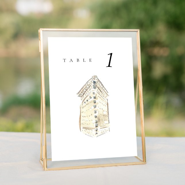 Bordsnumret Flatiron Byggnad New York Bröllop (Watercolor Flatiron Hotel New York City Skyline wedding table number sign.)
