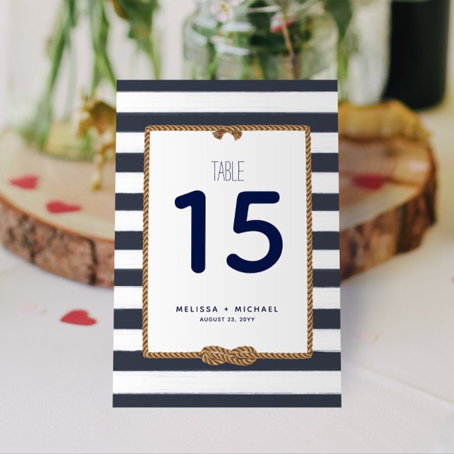Bordsnumret för blå sjömil (3,5 x 5) bordsnummer (Nautical Stripes and Infinity Knot Navy and White Table Numbers for Your Wedding, Shower, or Event!)