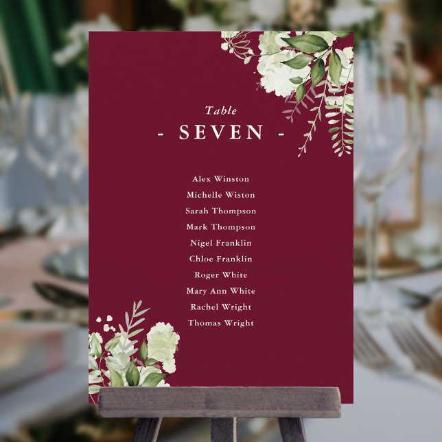 Bordsnumret för Burgundy Greenery-planen Inbjudningar (Burgundy Greenery Seating Plan Table Number)