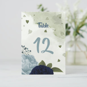 bordsnumret för marin och dammig blåa blommor grön inbjudningar