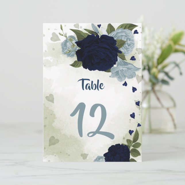 bordsnumret för marin och dammig blåa blommor grön inbjudningar (Stående Fram)