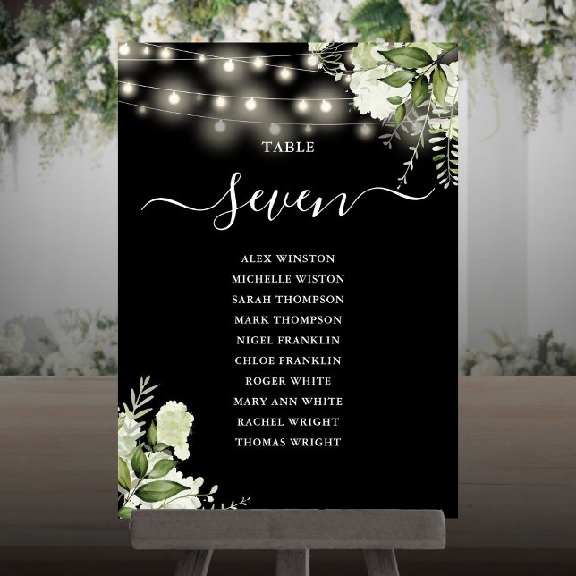 Bordsnumret för sätesplan för svartvita gröna inbjudningar (Black And White Greenery Seating Plan Table Number)