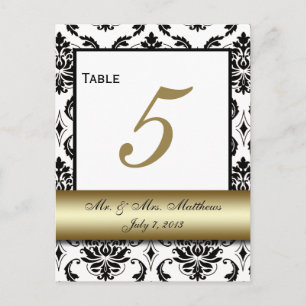 Bordsnumret Guld Black Damask Wedding Vykort