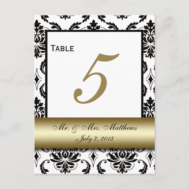 Bordsnumret Guld Black Damask Wedding Vykort (Framsida)