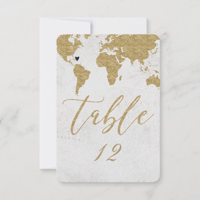 Bordsnumret Guld World Map Destination Wedding Inbjudningar (Framsida)