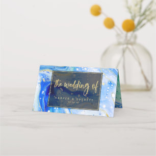 Bordsnumret Inky Stänk Blue Marble Guld Bröllop Placeringskort