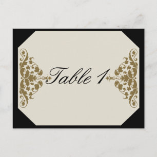 Bordsnumret Ivory Black och Guld Damask Wedding Vykort