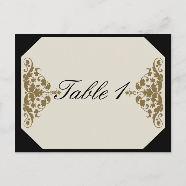 Bordsnumret Ivory Black och Guld Damask Wedding Vykort (Framsida)