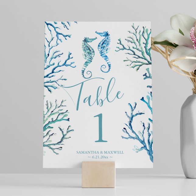 Bordsnumret Kustsjöhäst Bröllop Inbjudningar (Beach wedding table number unique seahorse watercolor art by Victoria Grigaliunas)