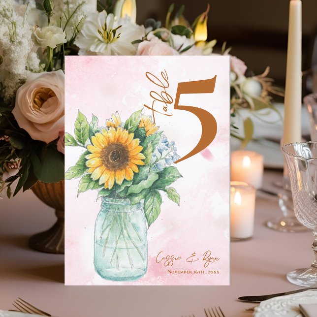 Bordsnumret land Solros Mason Burk Bröllop Tack Kort (Country Sunflower Mason Jar Wedding Table Number)
