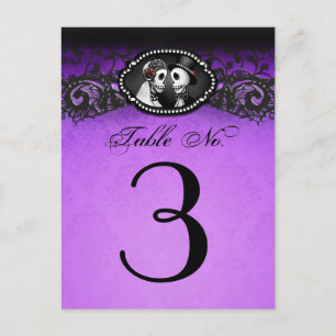 Bordsnumret lila & Black Halloween Skeletons Vykort