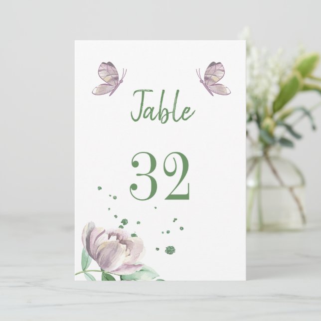 bordsnumret lila blommor greenery butterflies inbjudningar (Stående Fram)