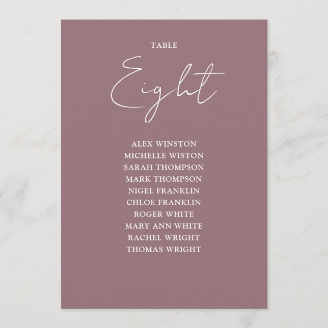 Bordsnumret Mauve Elegant Modern Seation Chart Inbjudningar (Framsida)