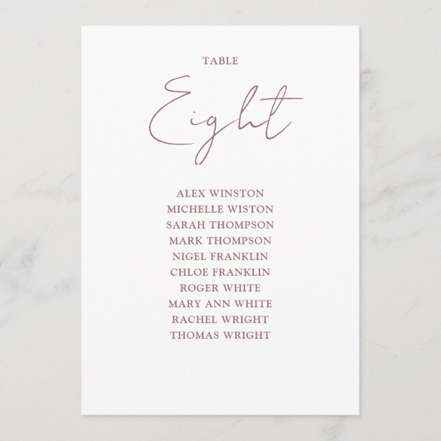 Bordsnumret Mauve Elegant Modern Seation Chart Inbjudningar (Framsida)