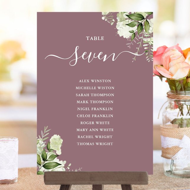 Bordsnumret Mauve Greenery Seating Plan Inbjudningar (Mauve Greenery Seating Plan Table Number)