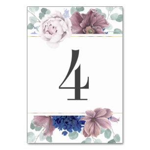 Bordsnumret Mauve och Navy Blue Blommigt Bröllop Bordsnummer