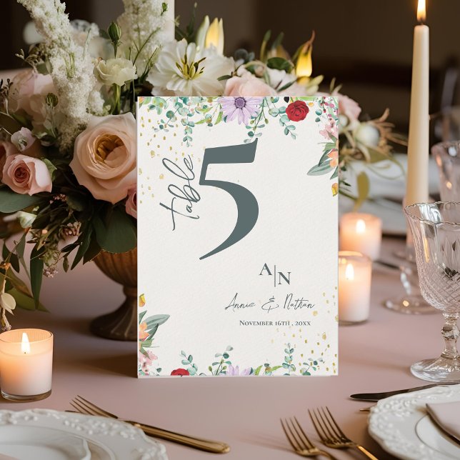 Bordsnumret Monogram Wildblommor Blommigt Bröllop Tack Kort (Monogram Wildflowers Floral Wedding Table Number)