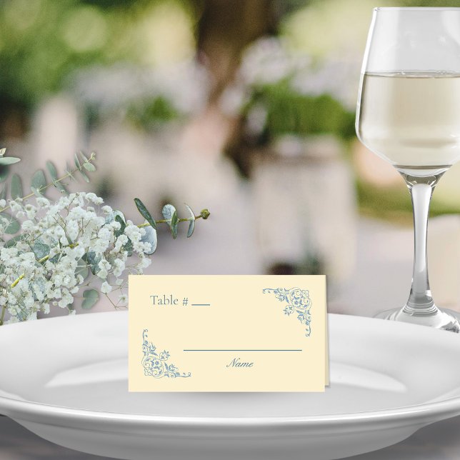 Bordsnumret Monteringskort för Butter-Gult, tom Ch Placeringskort (butter yellow and dusty blue fillable blank wedding table place cards for elegant romantic events)