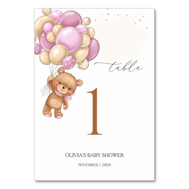 Bordsnumret nalle Rosa Bubblor Baby Shower Bordsnummer (Framsidan)