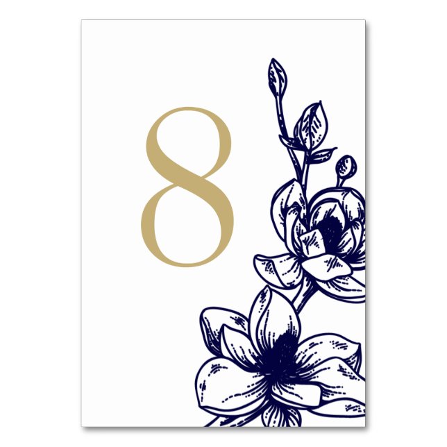 Bordsnumret Navy Blue Magnolia Flowers Bröllop Bordsnummer (Framsidan)