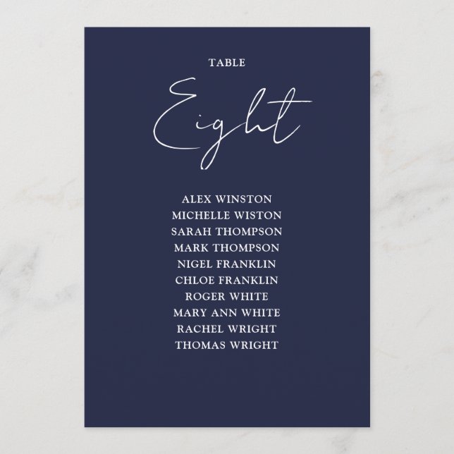 Bordsnumret Navy Blue Modern Seation Chart Inbjudningar (Framsida)