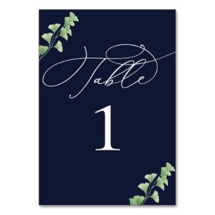 Bordsnumret Navy Blue Watercolor Greenery Bröllop Bordsnummer