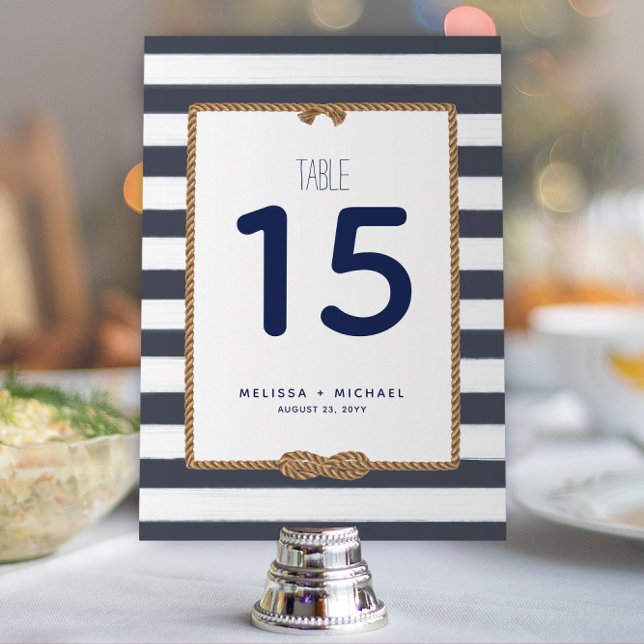 Bordsnumret Navy Blue & White Nautical Knot (5x7) Inbjudningar (Modern Navy and White Striped Nautical Wedding or Event Table Numbers (Available for Download))