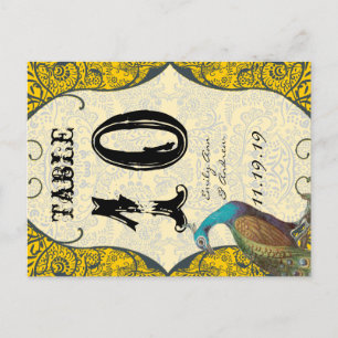 Bordsnumret Navy och Mustard Peacock Love Bird Vykort
