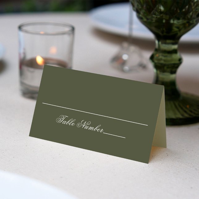 Bordsnumret oliv grönt Bröllop gäst Placeringskort (Olive green wedding place card with stylish calligraphy script. )