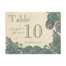 Bordsnumret Peacock Färg Paisley Bröllop